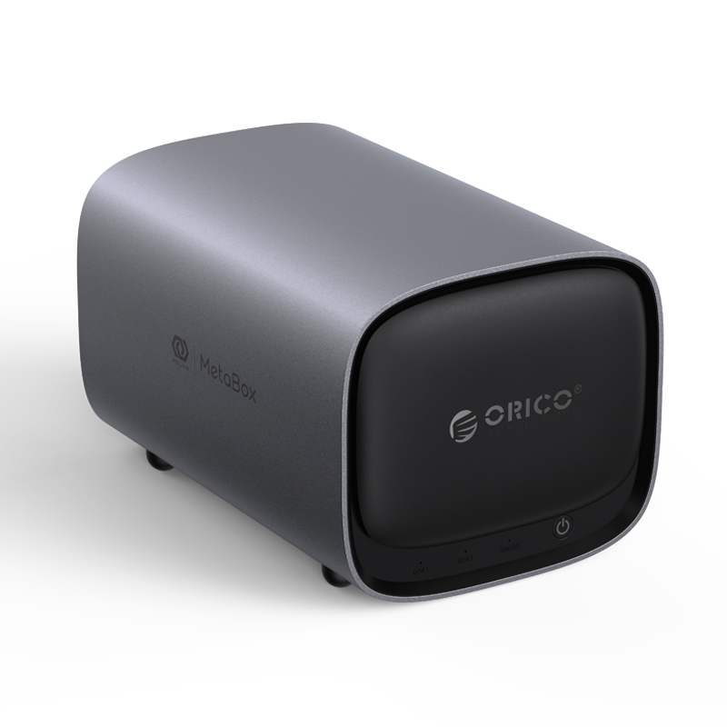 Orico HS200-Pro, NAS de 2 baias com corpo cinza-escuro e frente preta